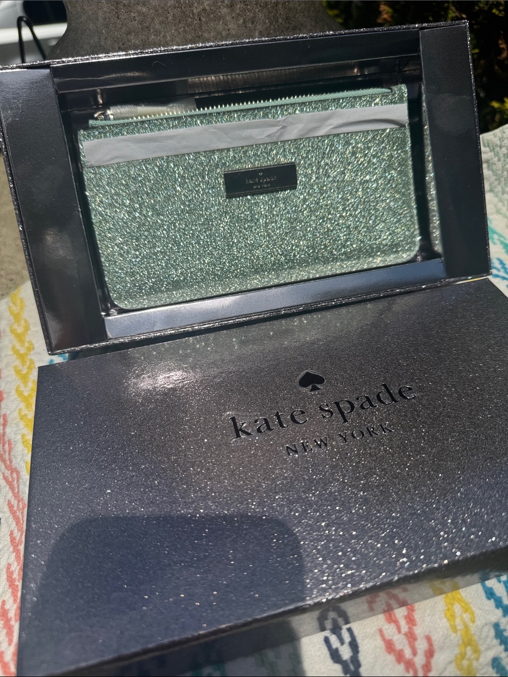 kate spade Seawater Glitter Slim Zip Card Case